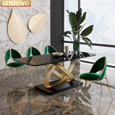 Free Shipping Marble Dining Room Tables Set 4 6 Chairs Ltalian Luxury Table Stainless Steel Gold Base Furniture Mesa Comedor