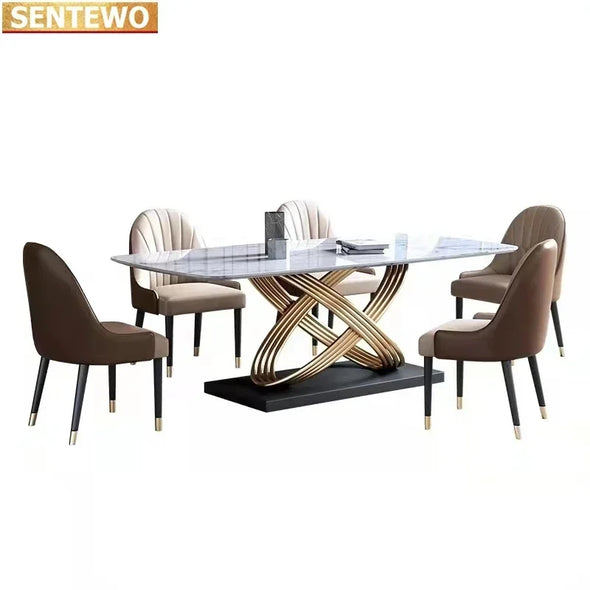 Free Shipping Marble Dining Room Tables Set 4 6 Chairs Ltalian Luxury Table Stainless Steel Gold Base Furniture Mesa Comedor