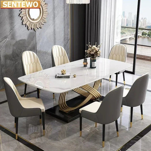 Free Shipping Marble Dining Room Tables Set 4 6 Chairs Ltalian Luxury Table Stainless Steel Gold Base Furniture Mesa Comedor